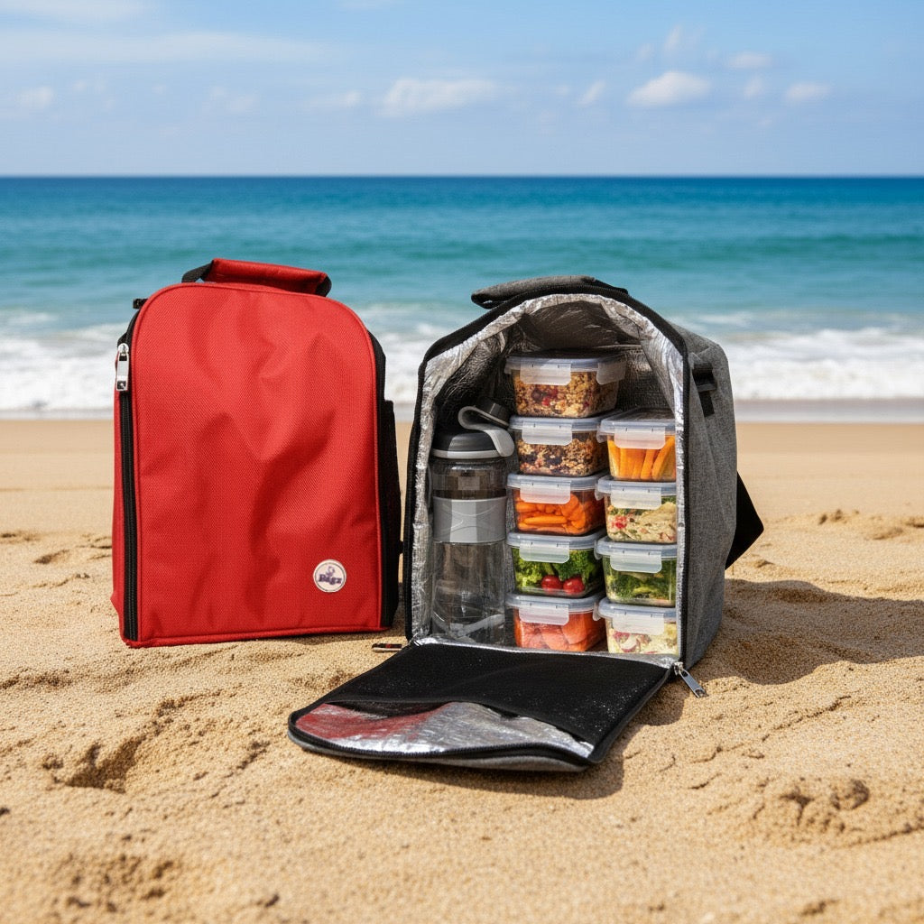Open cooler bag with food containers and a water bottle on a sandy beach with ocean in the background