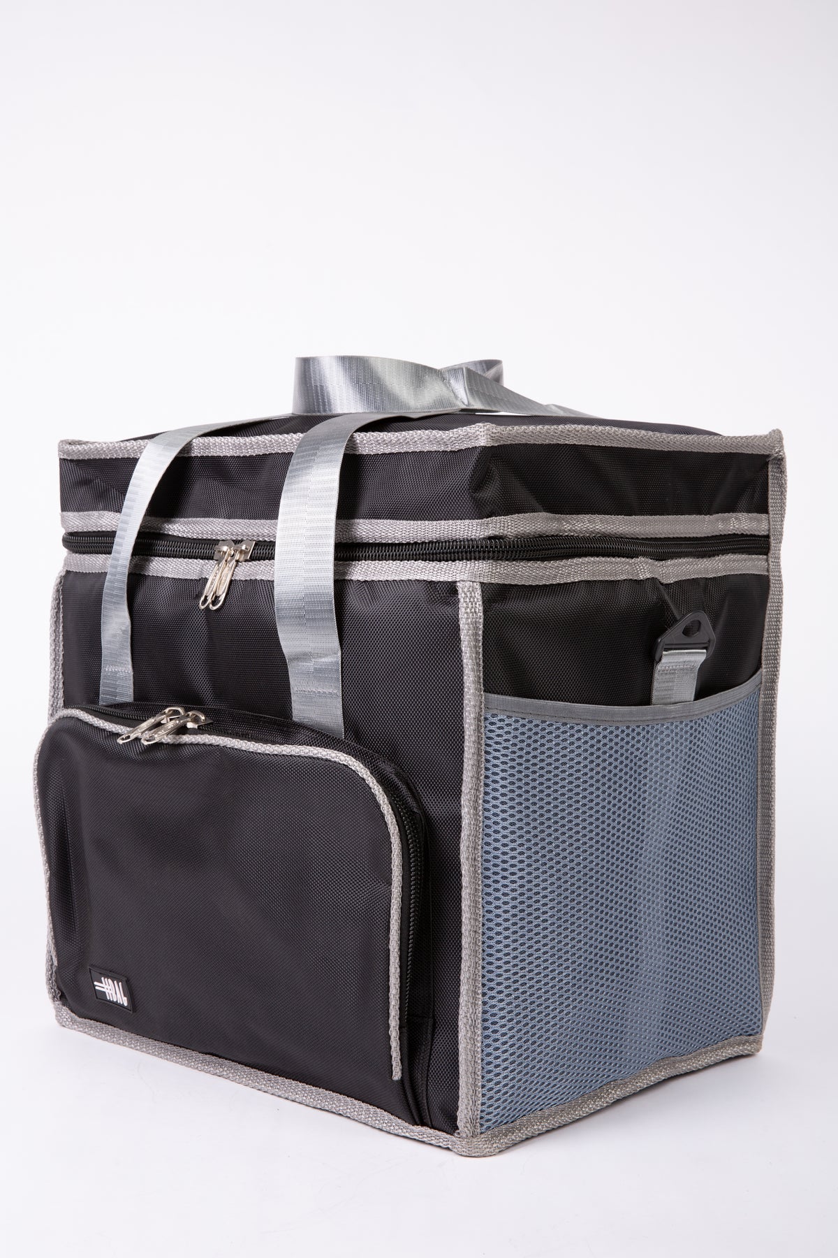 Black and gray tote bag with mesh pocket on a white background