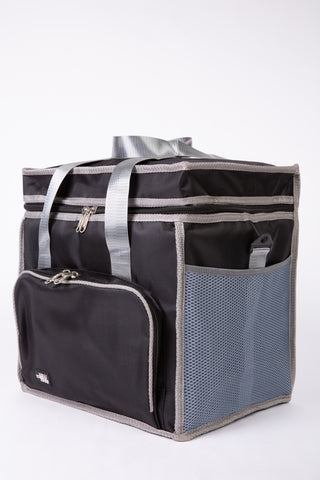 Black and gray tote bag with mesh pocket on a white background