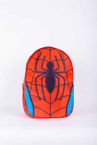 Spider-Man themed backpack with red and blue design on a white background